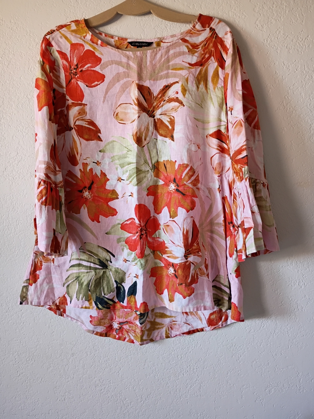 John Mark Women’s Floral Bell-Sleeve Blouse Size M Linen Blend - Picture 7 of 11